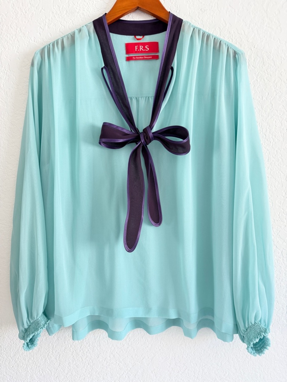 F.R.S For Restless Sleepers Mint Green Long-Sleeve Tie-Neck silk Blouse